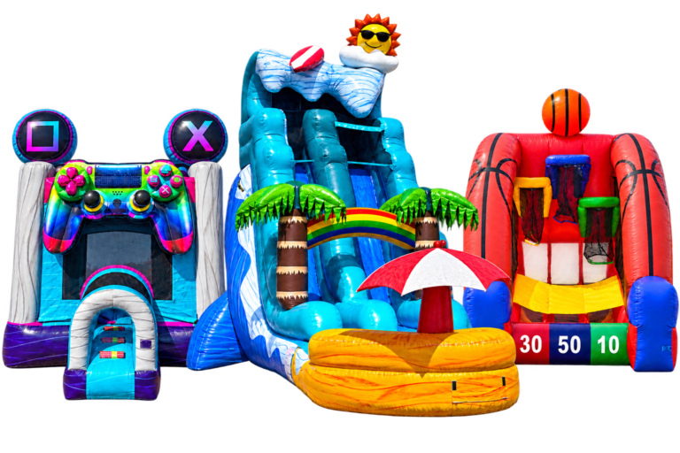 Glitch bounce house, 18ft Beach Wave water slide, and Olympic Basketball Challenge